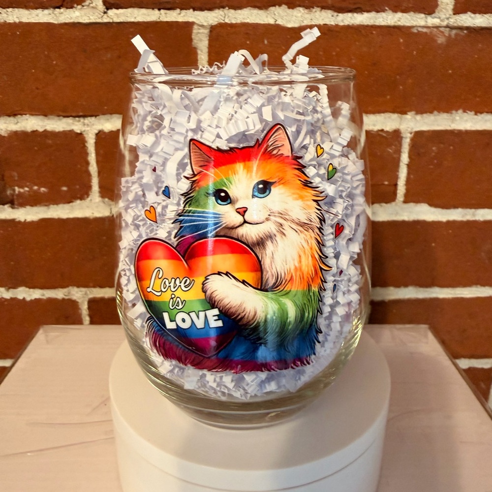 Rainbow Cat Glass with Heart Design